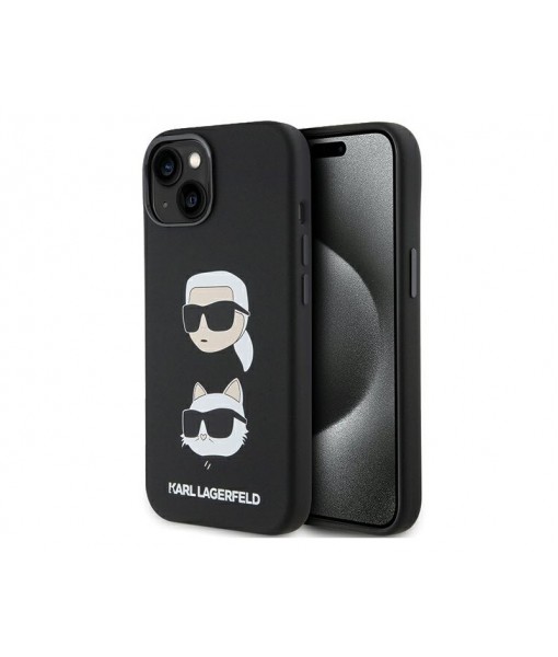 Husa iPhone 15, Karl Lagerfgeld Originala, Silicon Karl & Choupette, Negru