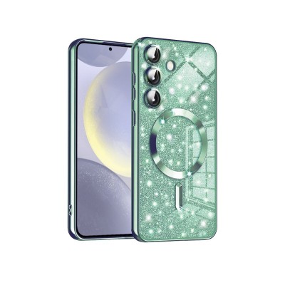 Husa Samsung Galaxy S24, Crystal Glitter MagSafe cu Protectie La Camere, Light Green