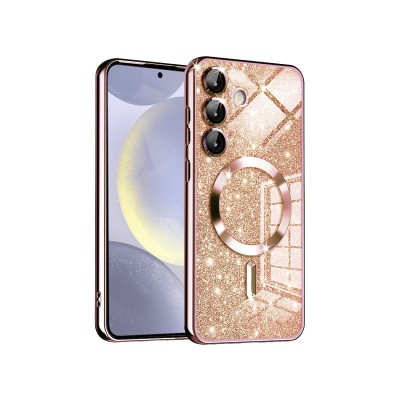 Husa Samsung Galaxy S23 FE, Crystal Glitter MagSafe cu Protectie La Camere, Rose Gold