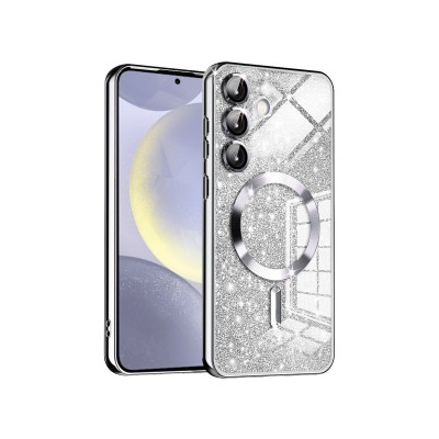 Husa Samsung Galaxy S23 FE, Crystal Glitter MagSafe cu Protectie La Camere, Silver